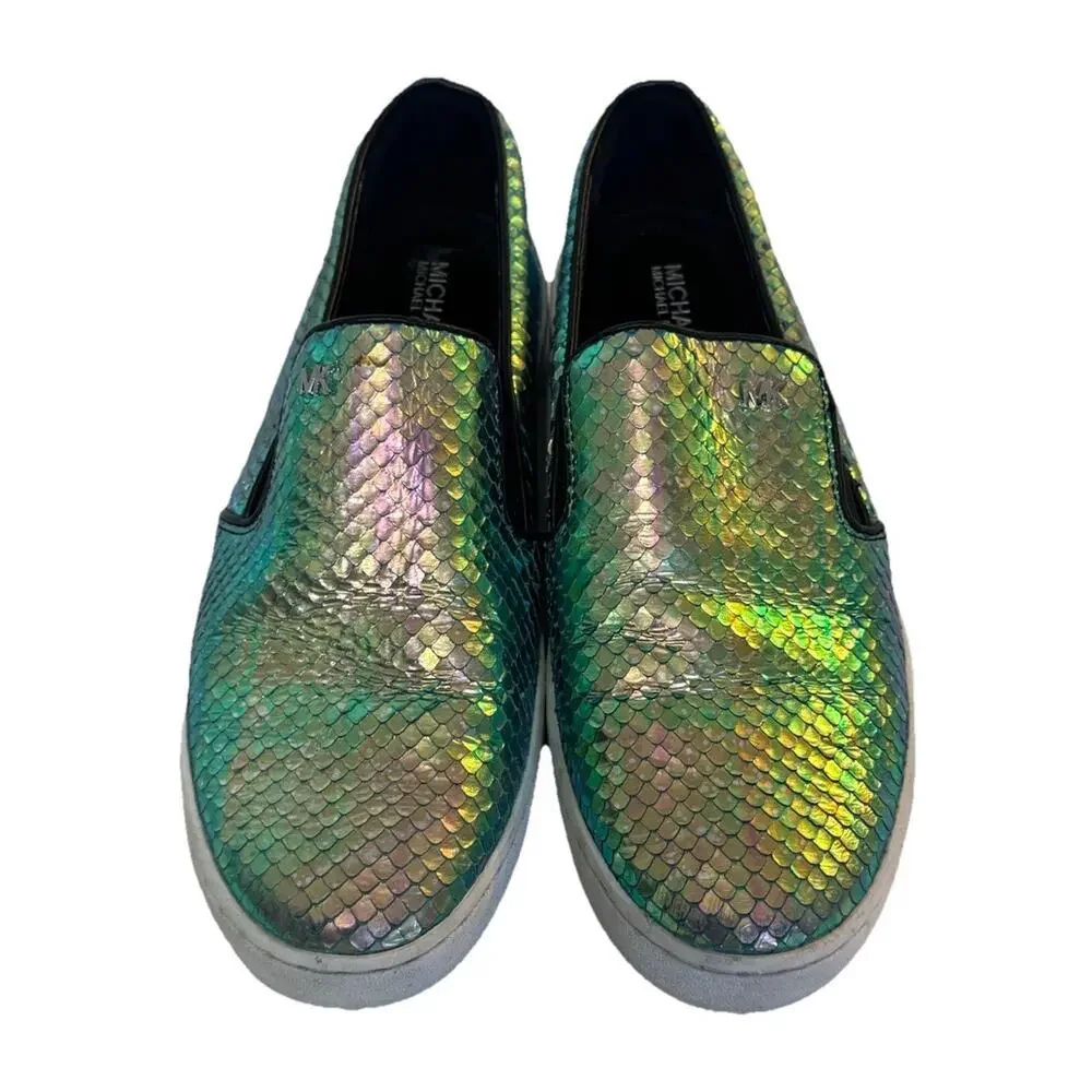 MICHAEL KORS Keaton Iridescent Metallic Snake Shoes Leather Embossed Sz 7.5M